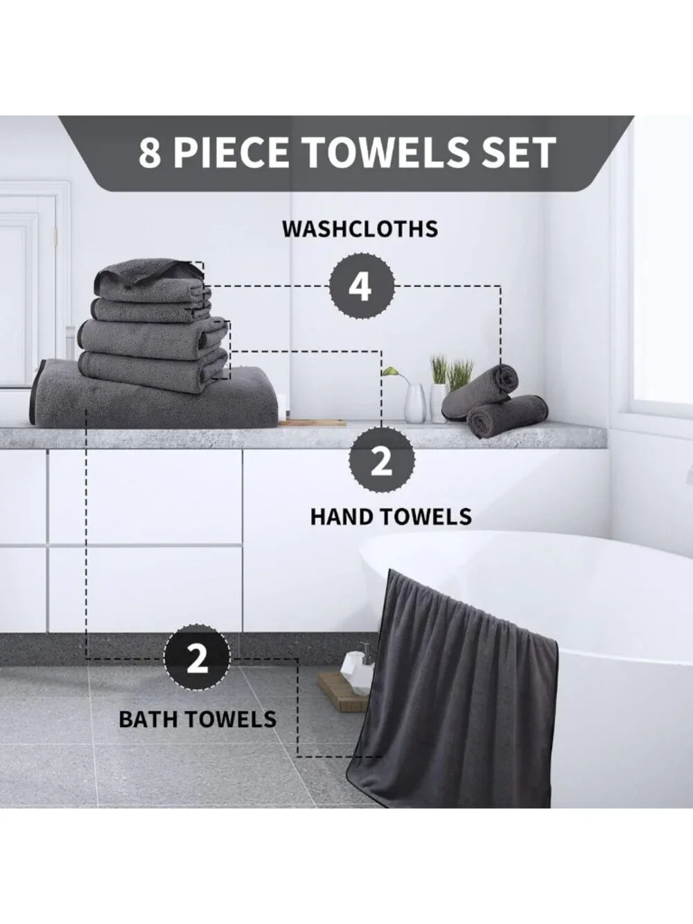 Ultra Soft 8-Piece Microfiber Towel Set - Bath, Hand & Wash Cloths, Highly